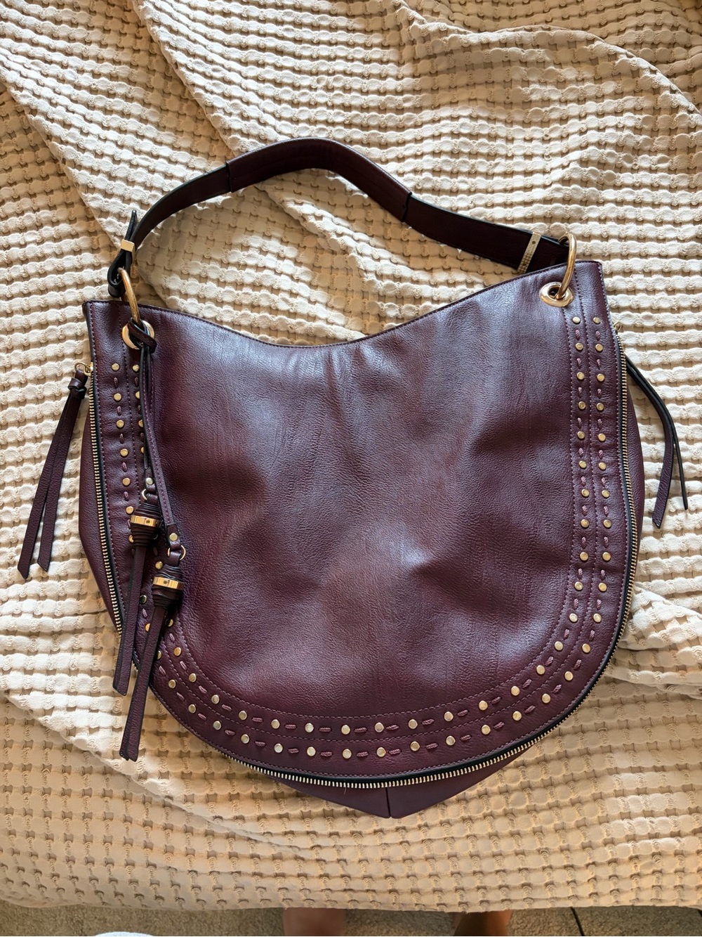 Plum Leather Hobo Bag with Stud Detail